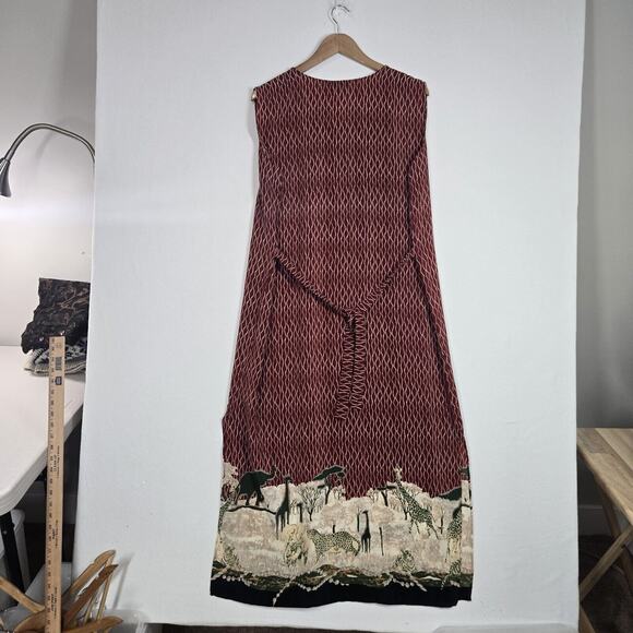 Vintage 90s Top Secret Dress 1XL Burgundy Safari Border Print Midi Maxi - Picture 9 of 14